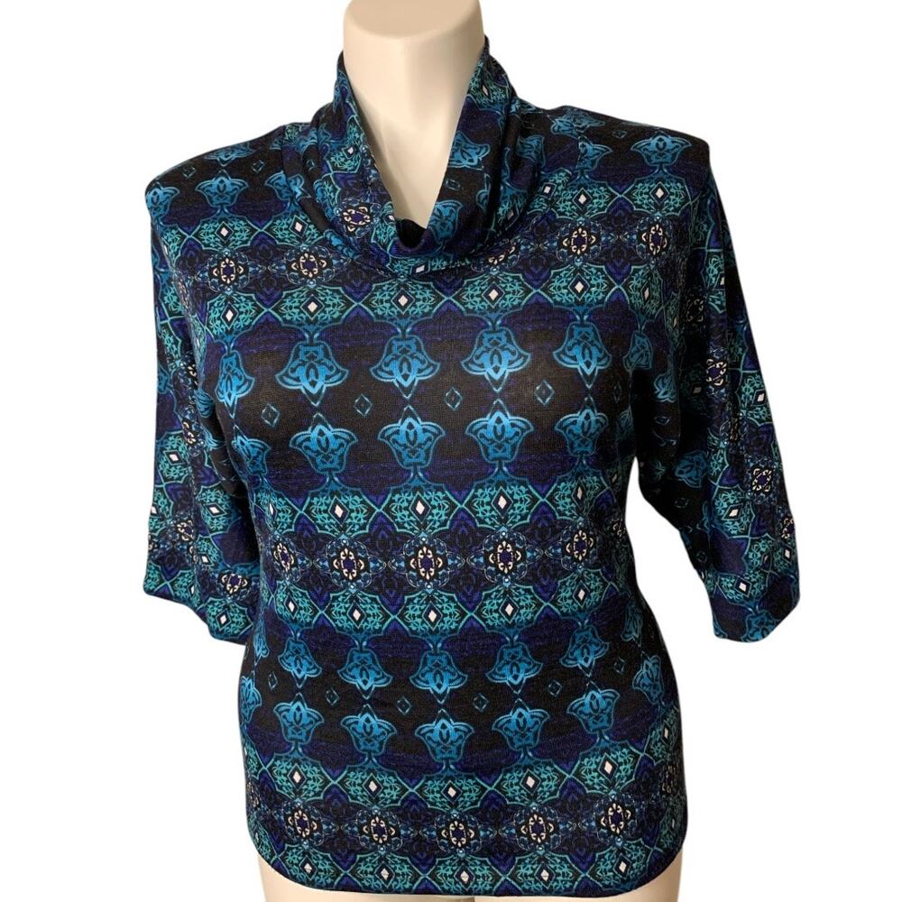 New Directions Cowl Neck Top Size Small Blue Black Geometric Print 3/4 Sleeve